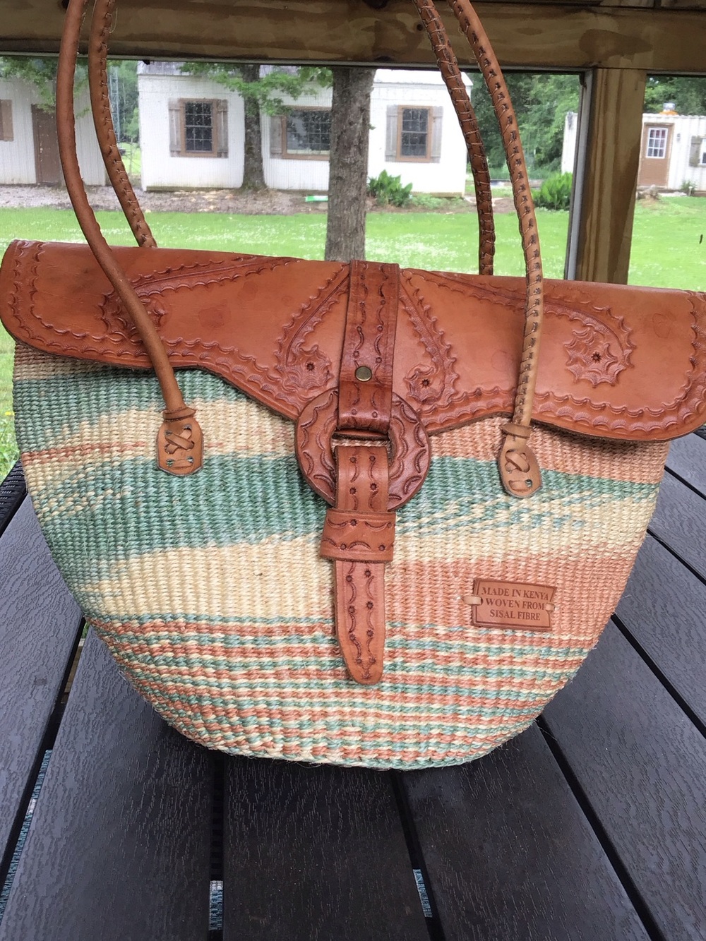 Made in Kenya Woven From Sisal Fibre Tote with Leather Trim - Tan & Green Coral - Picture 6 of 16
